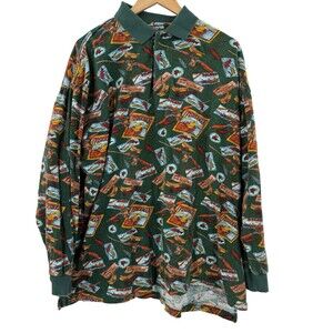 Vintage SAUCE BY BERNE Men's Boleron Famous Fishing Bait Print XXL Polo Shirt